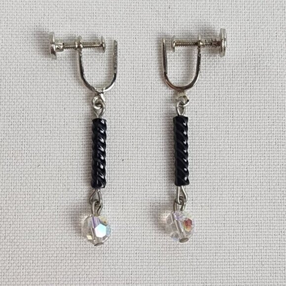 Vintage Silver Tone AB Crystal Drop Clip On Earrings - Picture 1 of 5
